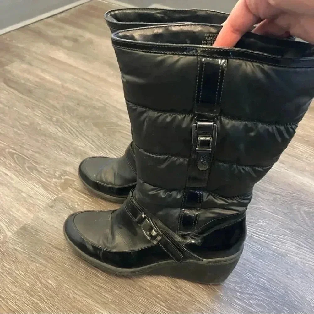 Anne Klein Sport Wedge Heel Snow Boots Black Vegan Patent Leather: 8M